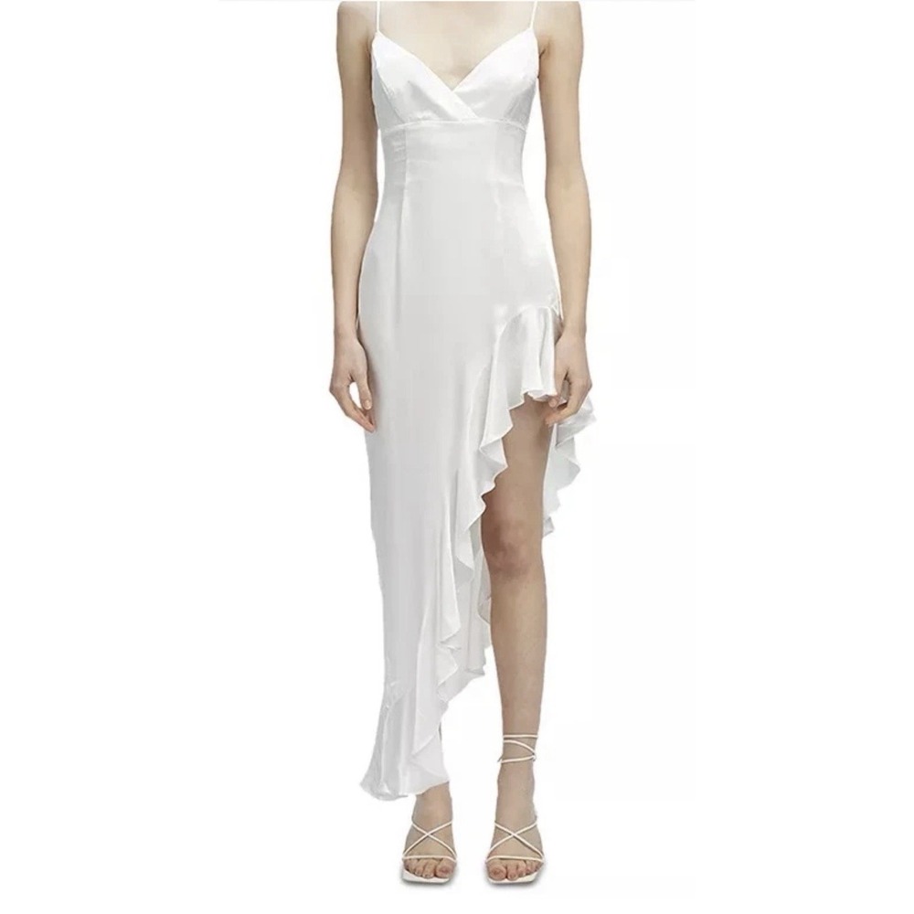Bardot Ember Midi Dress XS Ivory Satin Slip‎ Asym Ruffle Bridal Coquette NWT